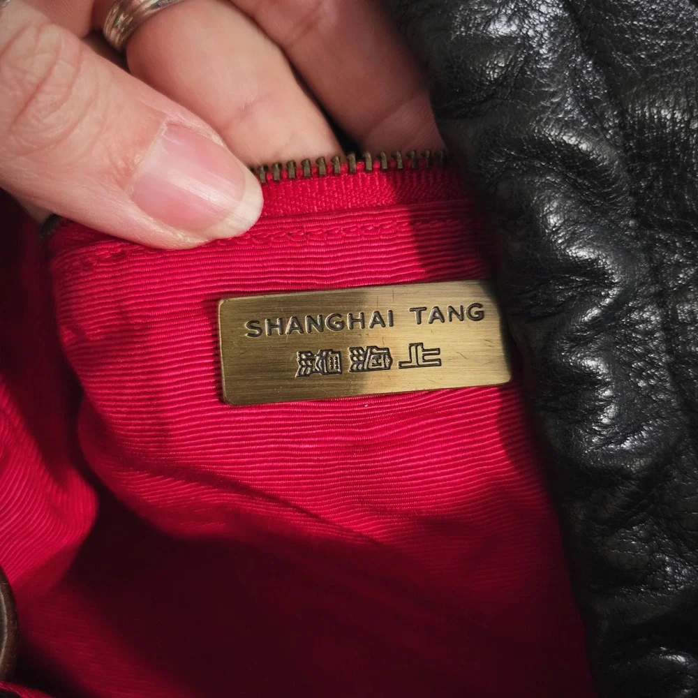 Shanghai Tang Leather Hobo Bag Black Vintage Y2K Acrylic Coin Handle Tassel‎